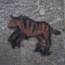A thylacine stencilled in rust and black on a concrete pavement